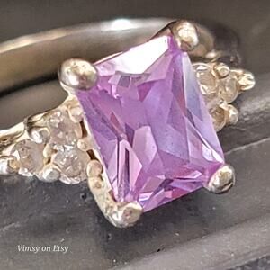 Classic Cut Sterling Silver Amethyst Ring with Crystal Accents, Size 6 1/2